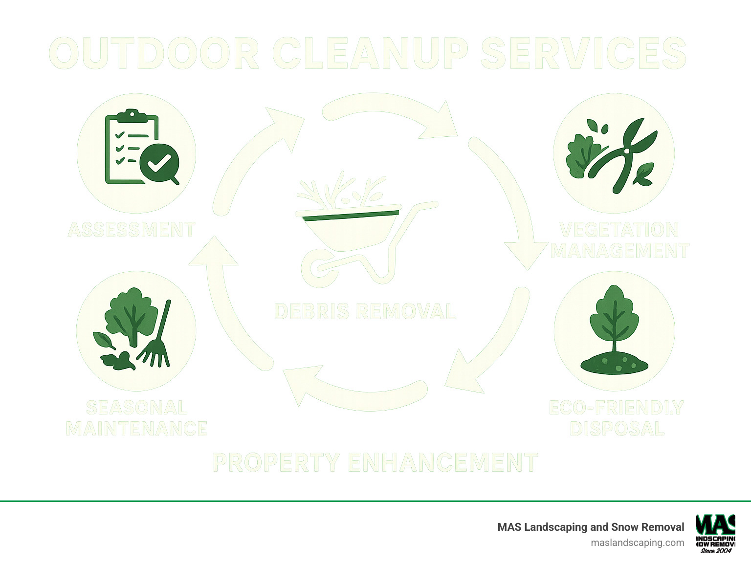 Comprehensive infographic showing the outdoor cleanup service lifecycle from initial assessment through debris removal, vegetation management, seasonal maintenance tasks, eco-friendly disposal methods, and final property improvement, with icons representing each stage and arrows showing the cyclical nature of ongoing yard care - outdoor cleanup services infographic 