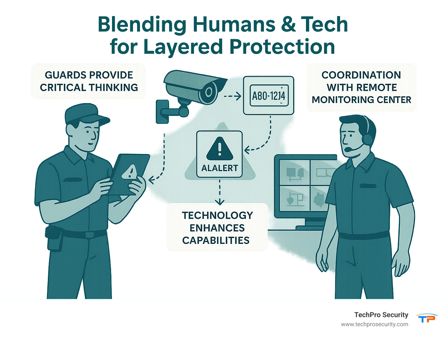 Infographic showing the synergy between human security personnel and technology systems: guards using tablets to monitor AI alerts, responding to license plate recognition notifications, and coordinating with remote monitoring centers, demonstrating how human expertise amplifies technological capabilities - gated community security infographic 