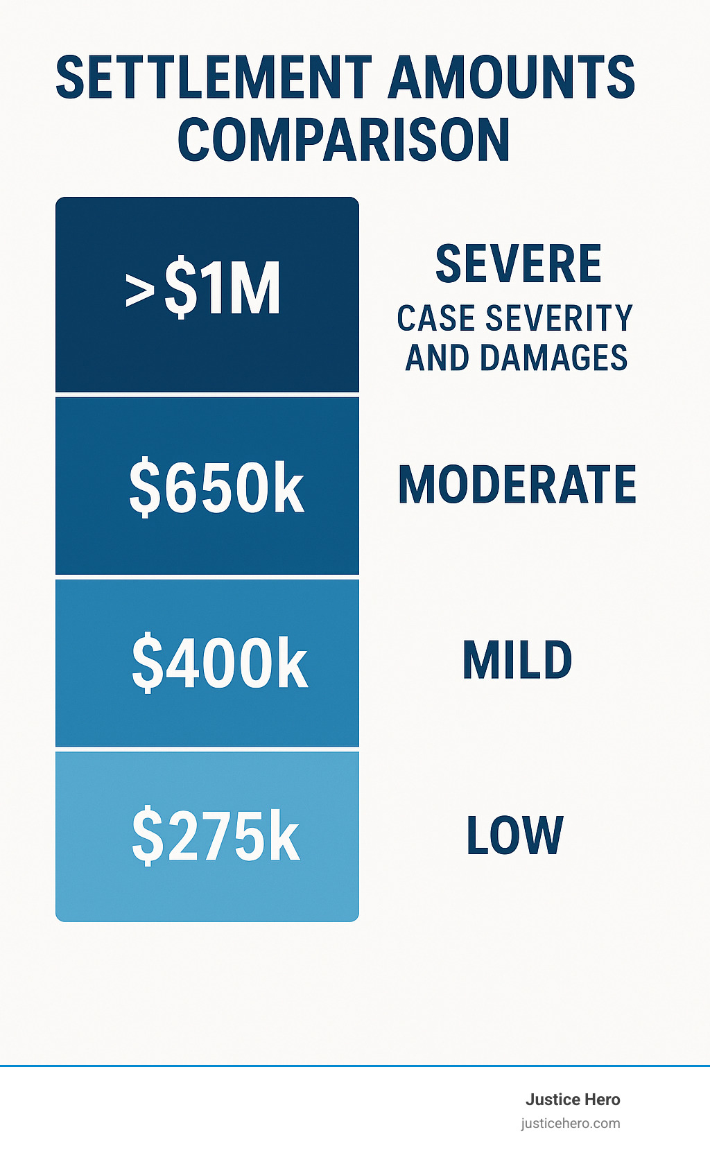 Settlement amounts comparison chart showing ranges from $275k to over $1M based on case severity and damages - action lawsuit depo provera infographic