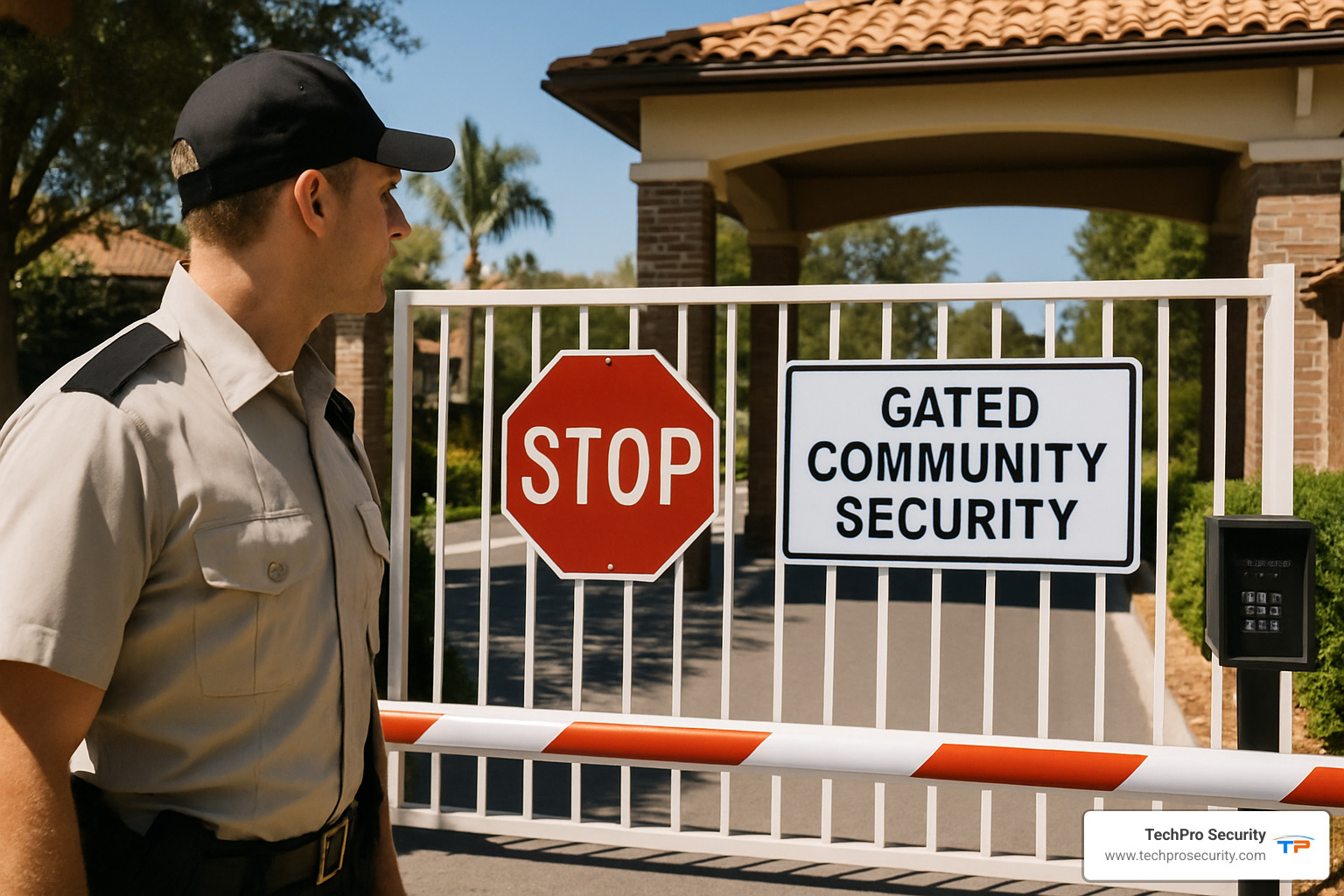 AI-driven security command center with multiple monitors showing real-time analytics - gated community security