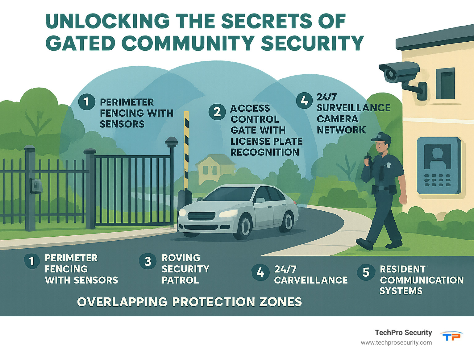 Comprehensive infographic showing the five essential layers of gated community security: perimeter fencing with sensors, access control gates with license plate recognition, roving security patrols, 24/7 surveillance camera network, and resident communication systems, all working together to create overlapping protection zones - gated community security infographic 