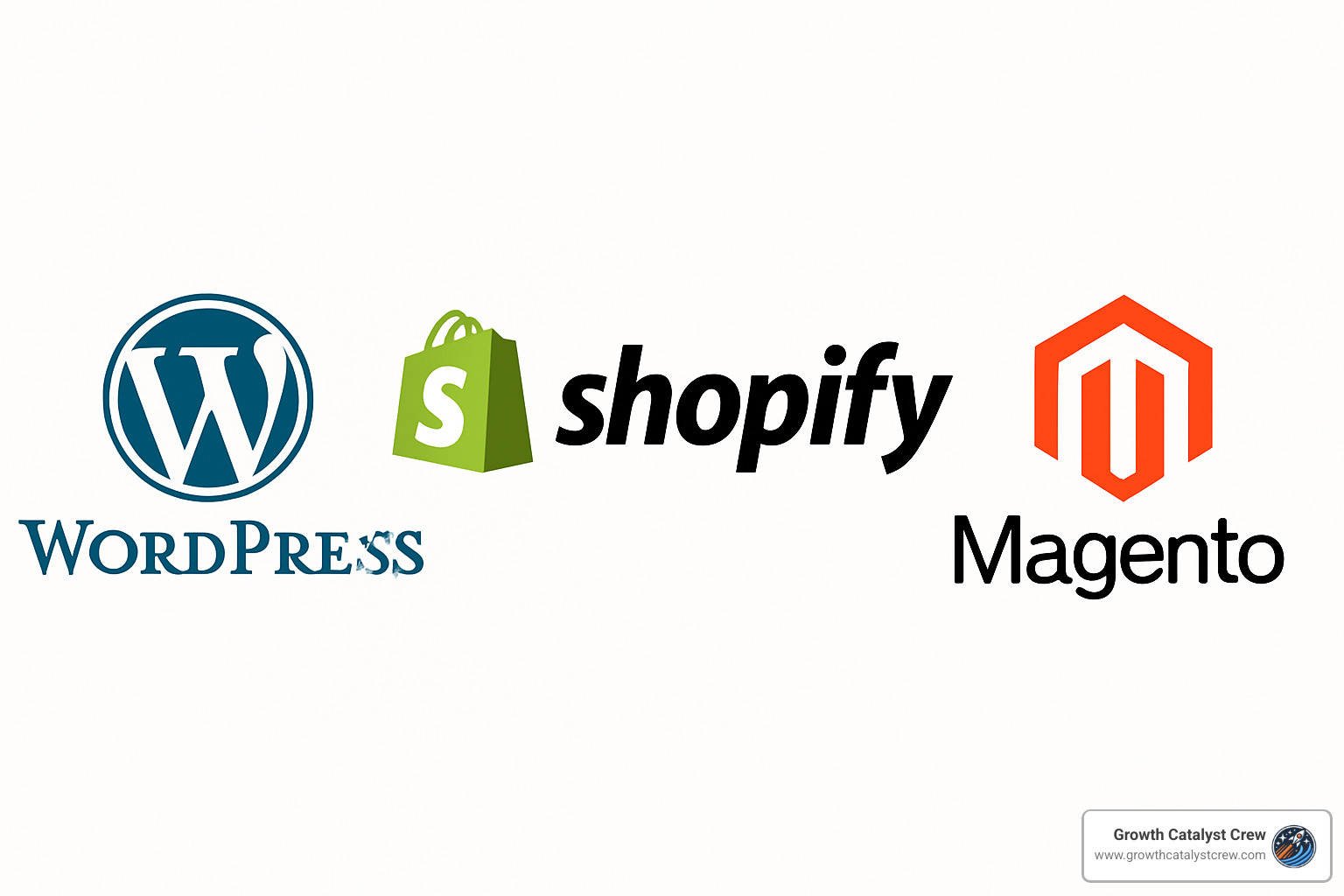 Logos of popular CMS platforms including WordPress, Shopify, and Magento - web design and seo company