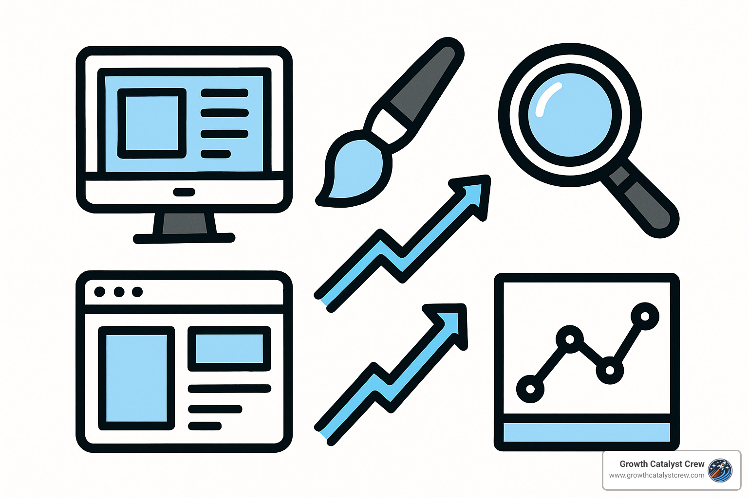 Service icons representing integrated web design and SEO services - web design and seo company