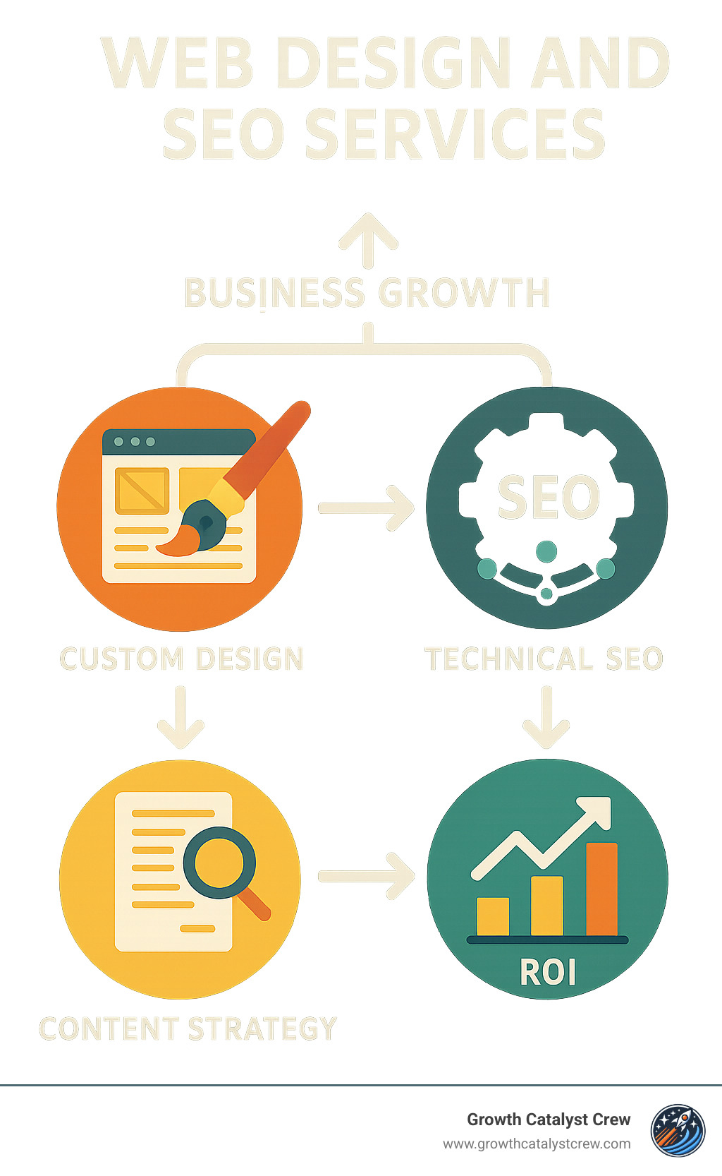 Comprehensive infographic showing the integrated relationship between web design and SEO services, including custom design elements, technical optimization factors, content strategy components, and measurable ROI outcomes with arrows connecting each element to demonstrate how they work together to drive business growth - web design and seo company infographic