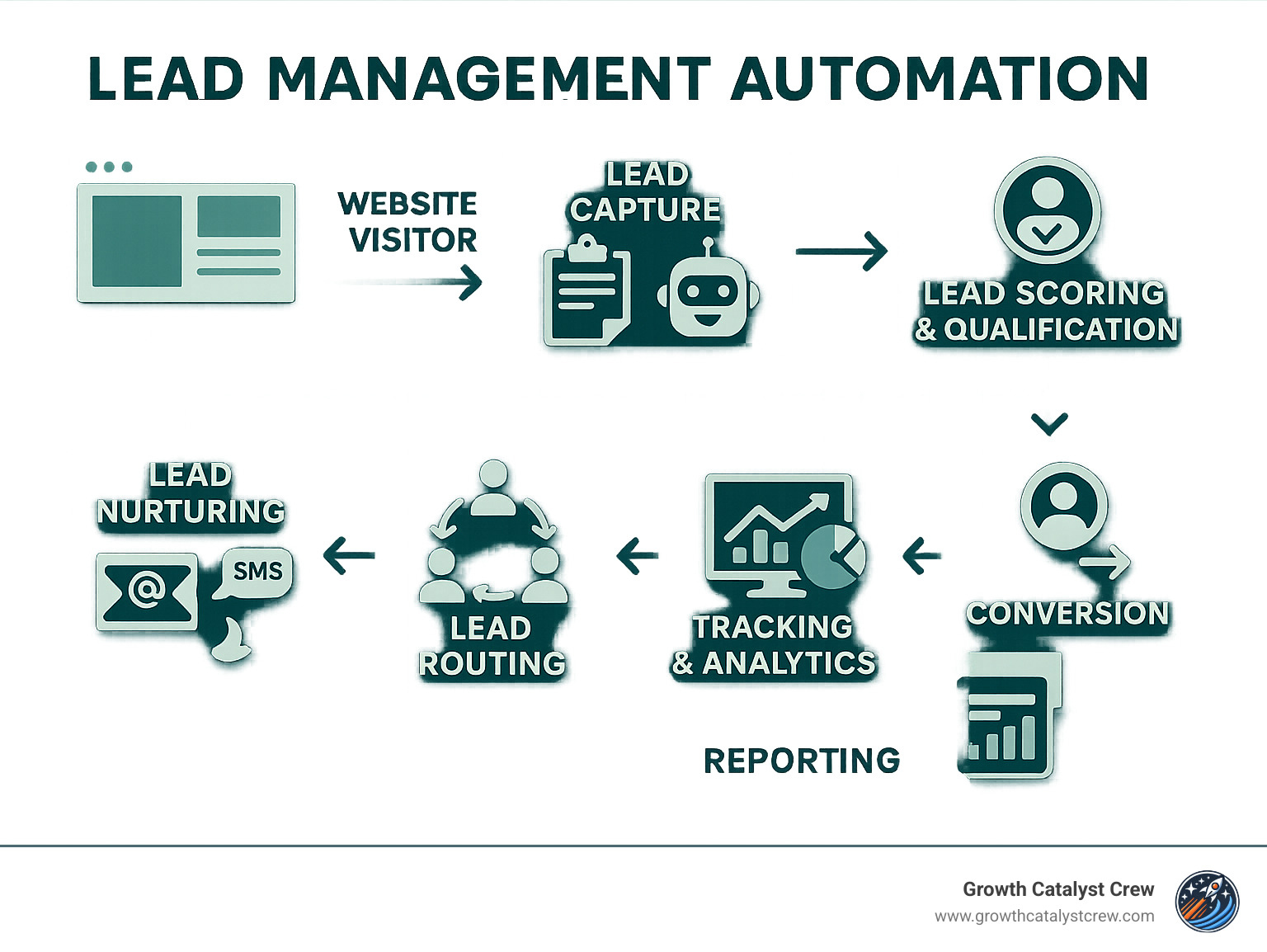 Comprehensive infographic showing the complete lead management automation lifecycle from initial website visitor through lead capture via forms and chatbots, automatic lead scoring and qualification, intelligent routing to sales teams, personalized nurturing sequences across email and SMS, real-time tracking and analytics, and final conversion to customer with automated reporting - lead management automation infographic