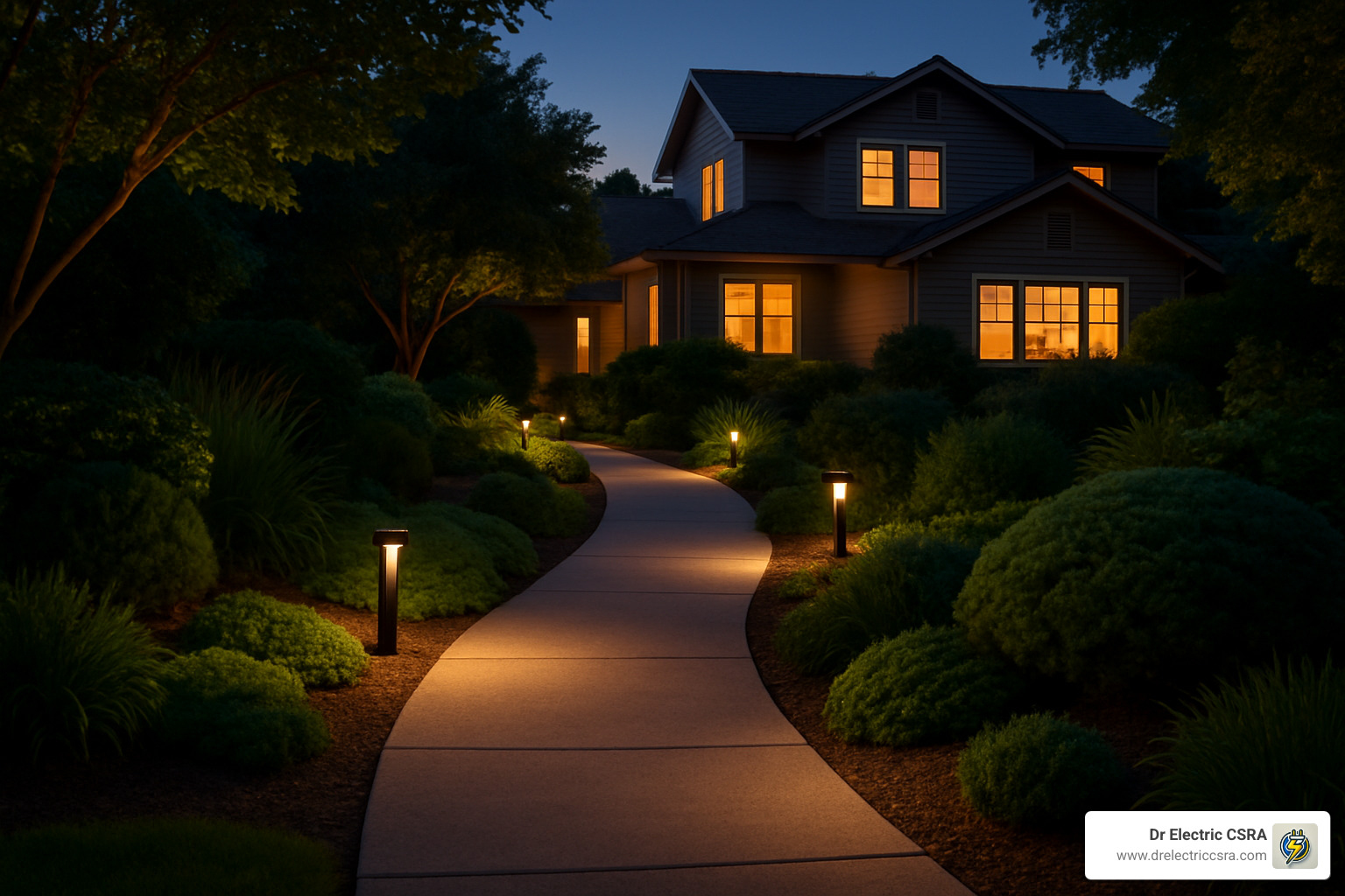 Pathway illuminated by landscape lighting leading to a home, showcasing outdoor ambiance and safety in Augusta, GA.