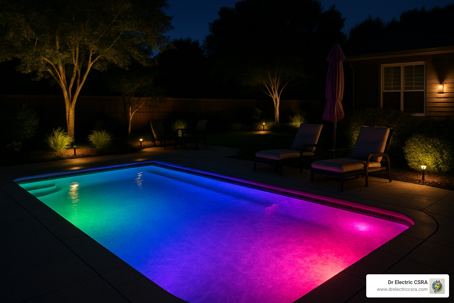Illuminated pool with vibrant RGB lighting, surrounded by landscaped greenery and cozy seating, enhancing outdoor entertainment ambiance in a residential setting.