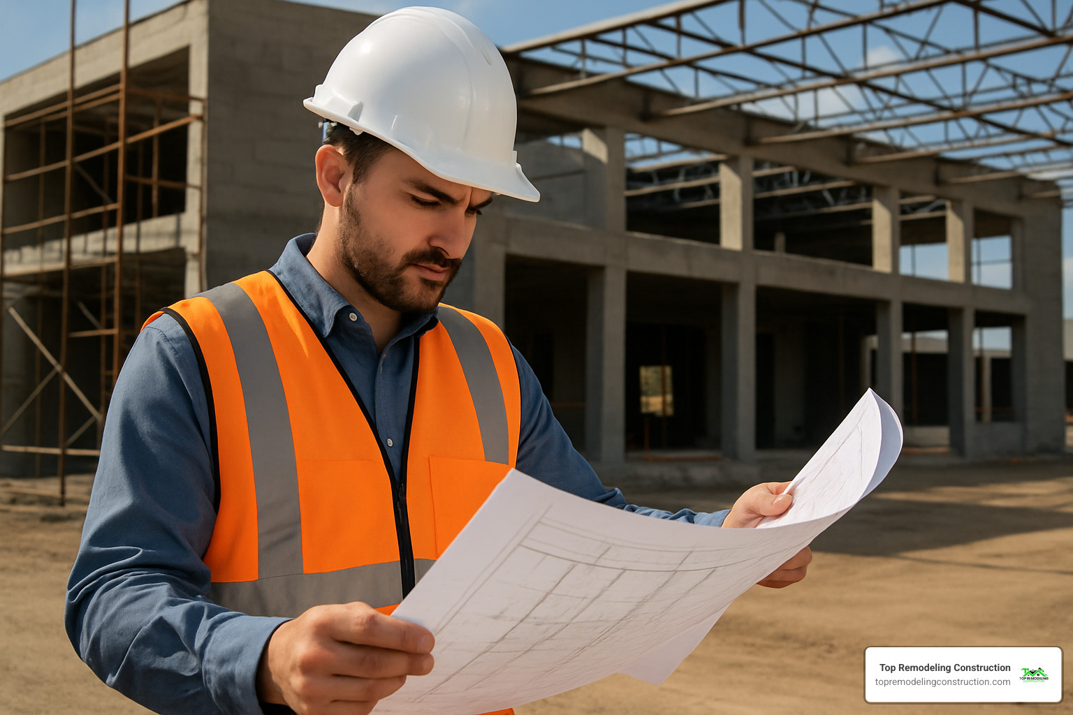 construction manager reviewing blueprints on site - commercial construction management