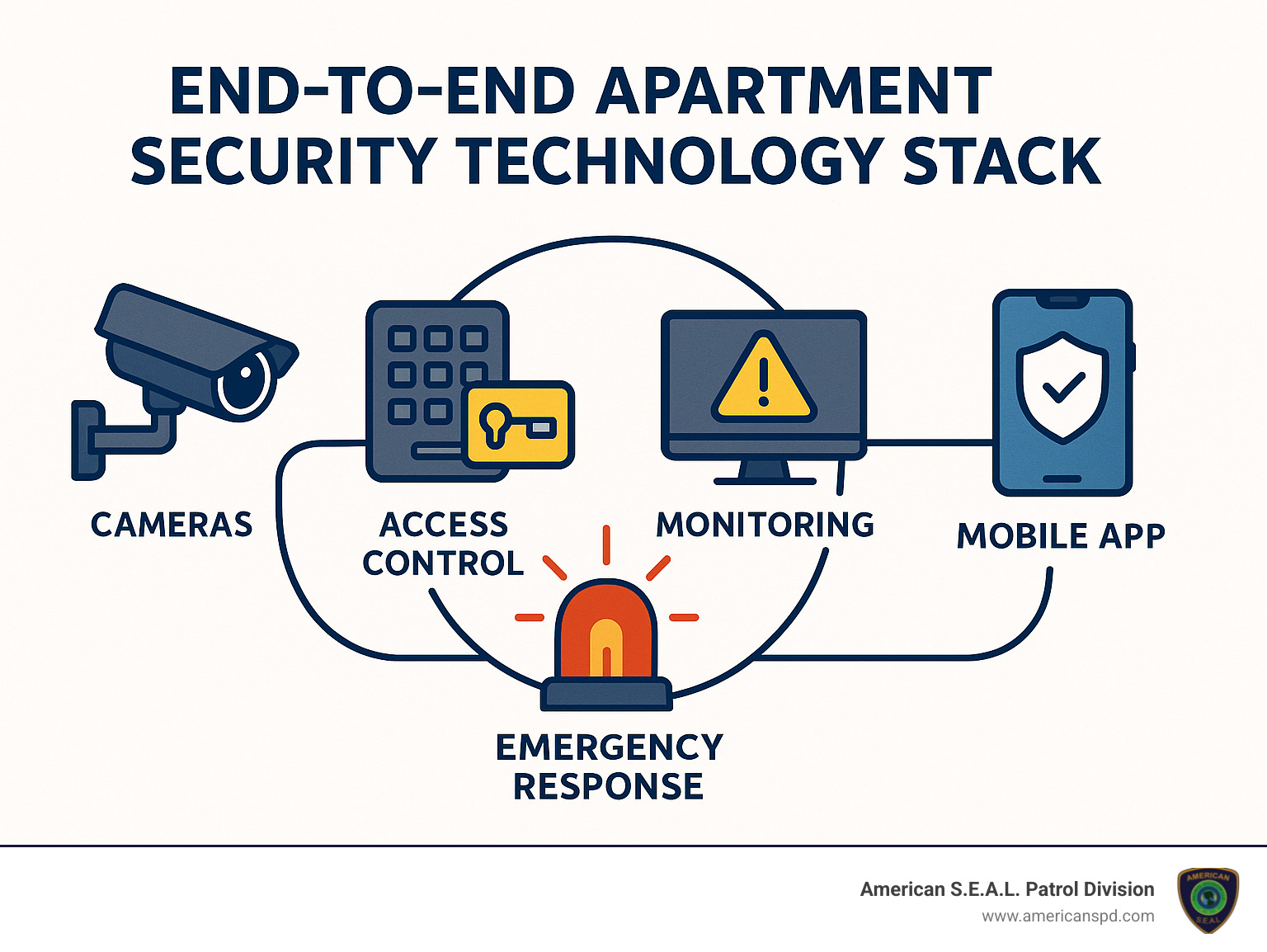 End-to-end apartment security technology stack showing integration between cameras, access control, monitoring systems, mobile apps, and emergency response protocols - Apartment complex security Houston infographic 