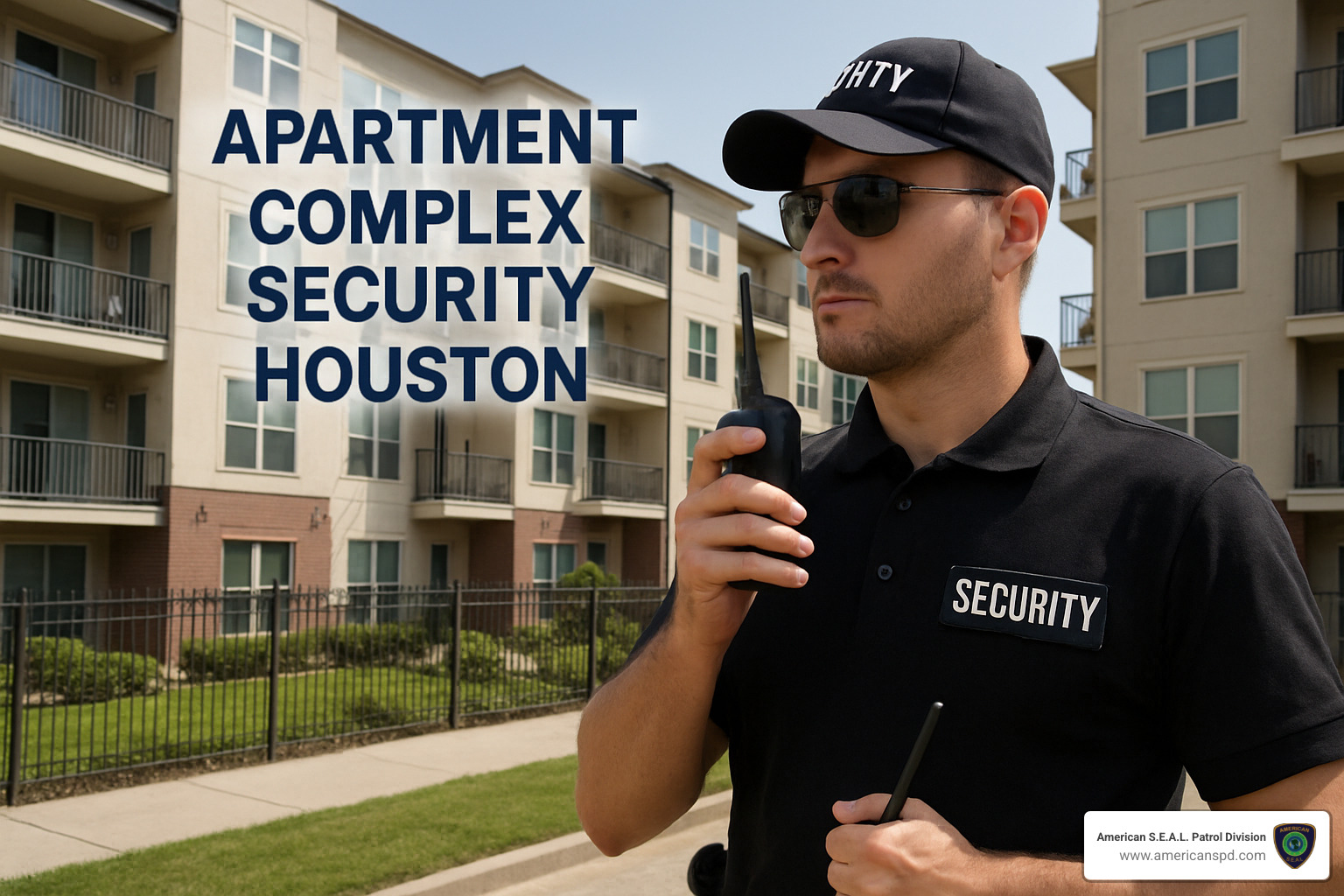 Gated apartment complex entrance with security guard station - Apartment complex security Houston