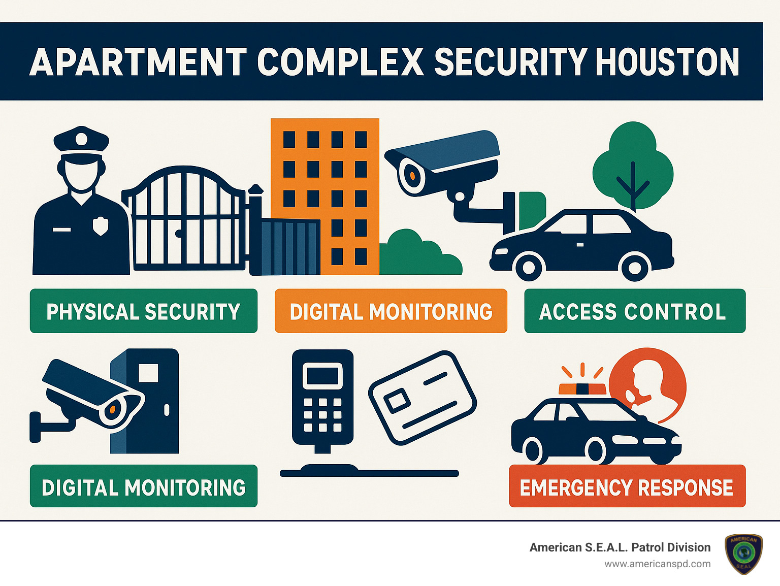 Comprehensive apartment complex security layers including physical barriers, digital monitoring systems, access control, emergency response protocols, and community engagement programs for Houston properties - Apartment complex security Houston infographic 