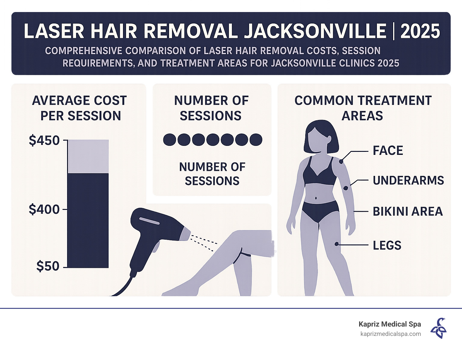 Comprehensive comparison of laser hair removal costs, session requirements, and treatment areas for Jacksonville clinics in 2025 - laser hair removal jacksonville infographic