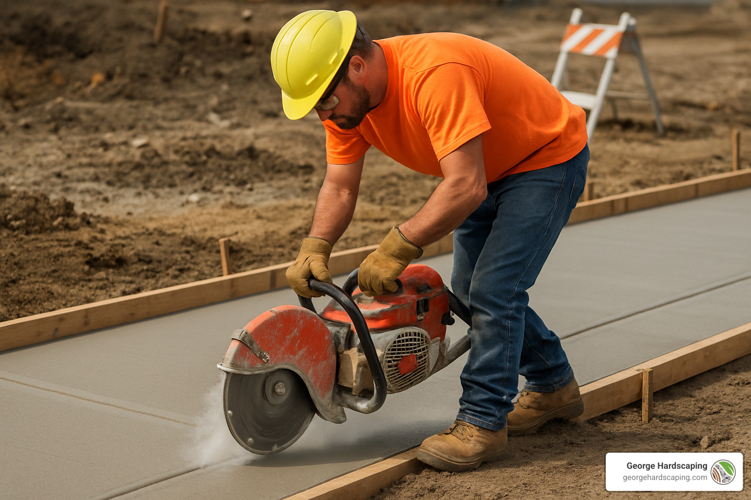 Professional concrete finisher using proper technique to create saw-cut control joints in fresh sidewalk - sidewalk construction