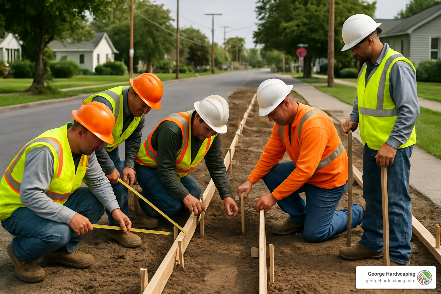 Professional crew installing forms for sidewalk construction with proper spacing and alignment - sidewalk construction