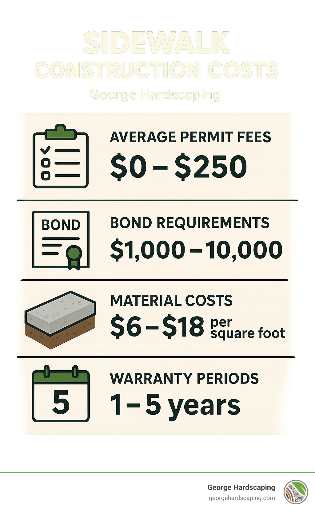 Detailed cost breakdown infographic showing average permit fees, bond requirements, material costs, and warranty periods across different municipalities - sidewalk construction infographic 