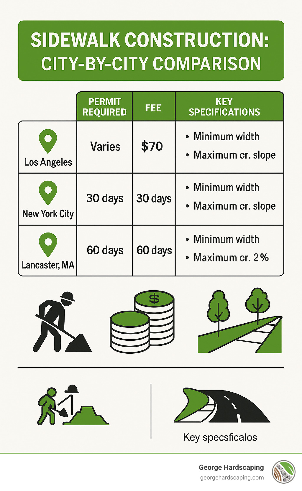 Comprehensive comparison chart showing permit requirements, fees, validity periods, and key specifications for major cities including Los Angeles, New York City, and Lancaster MA - sidewalk construction infographic 