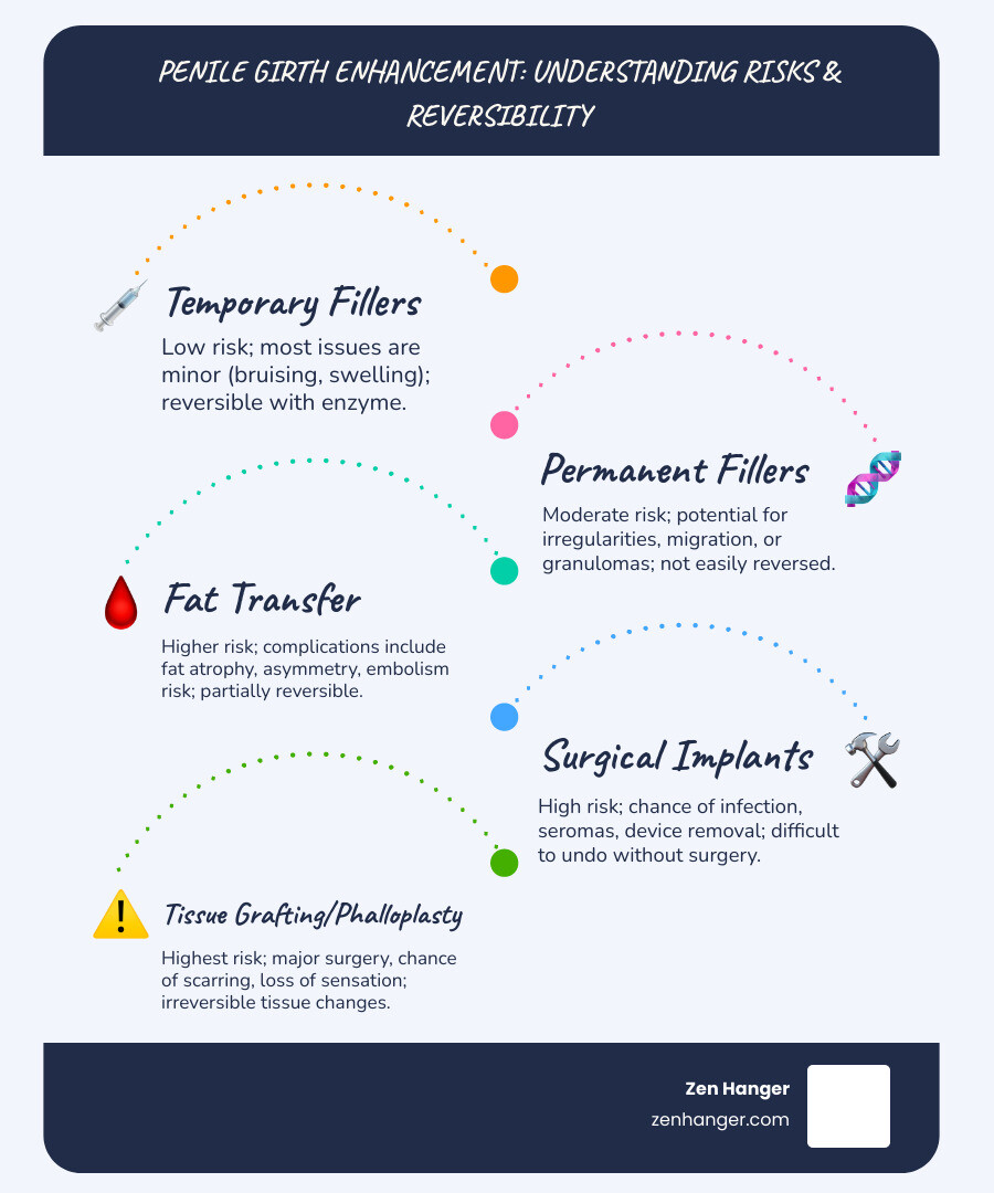 Risk spectrum infographic showing complication rates, severity levels, and reversibility options for different penile girth improvement techniques, from low-risk temporary fillers to high-risk permanent surgical procedures - penile girth improvement techniques infographic infographic-line-5-steps-blues-accent_colors