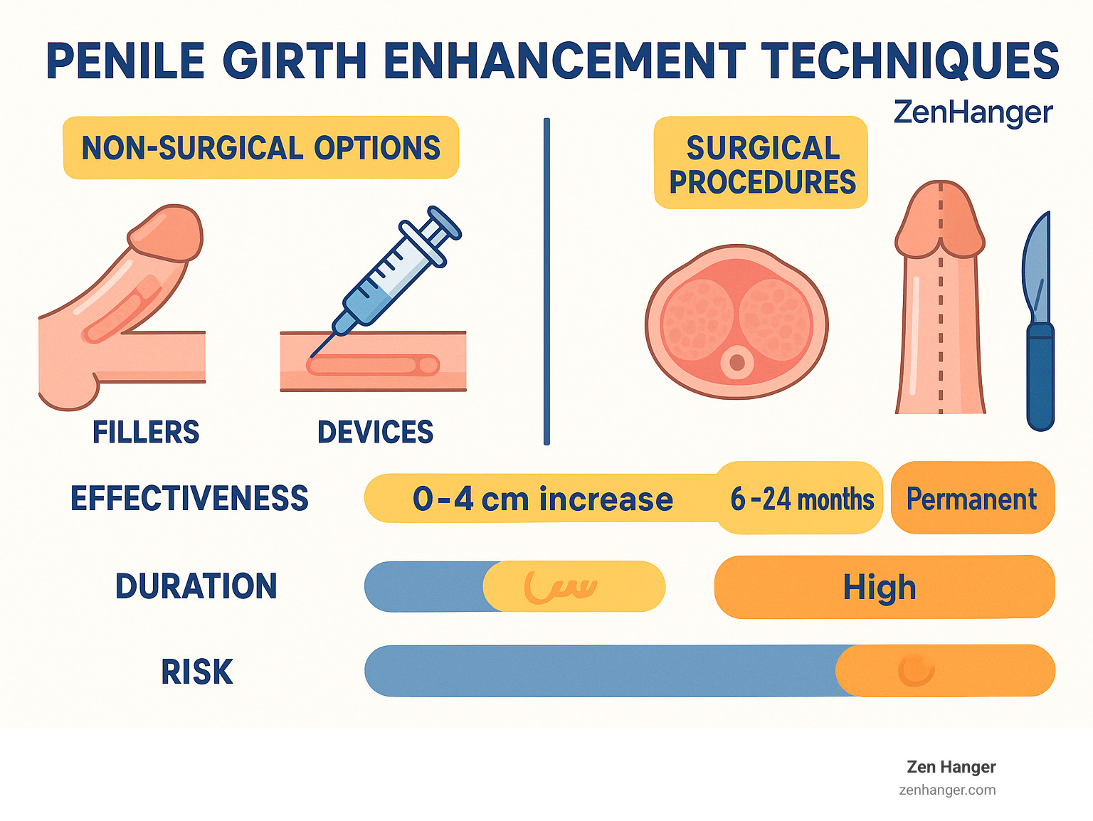 Comprehensive comparison of penile girth improvement methods showing non-surgical options like fillers and devices versus surgical procedures, with effectiveness ranges, duration of results, and risk levels for each technique - penile girth improvement techniques infographic