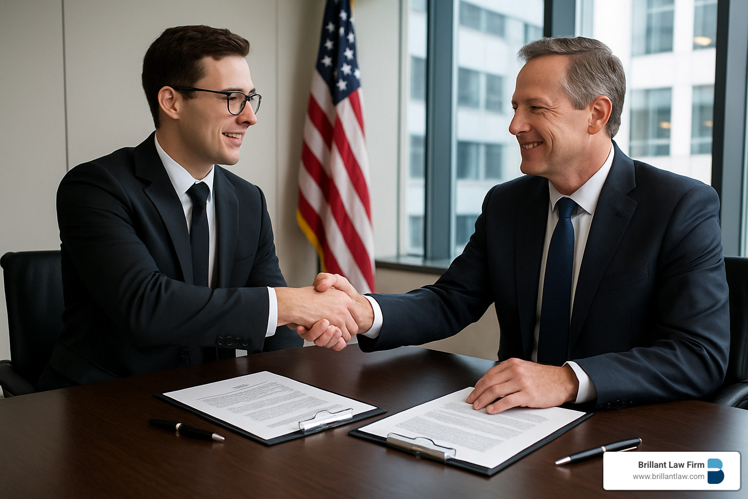 Successful business handshake at closing table - Business purchase agreement lawyer Successful business handshake at closing table - Business purchase agreement lawyer