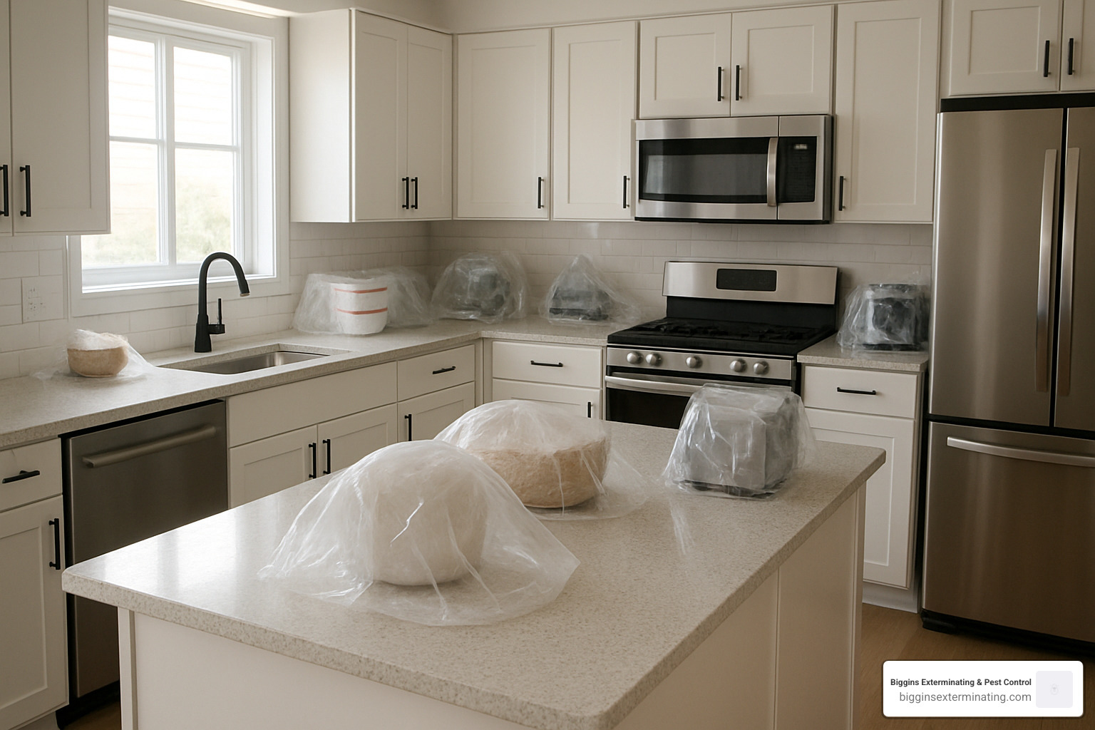 kitchen being prepared for pest control treatment with food items covered - best rated exterminator near me