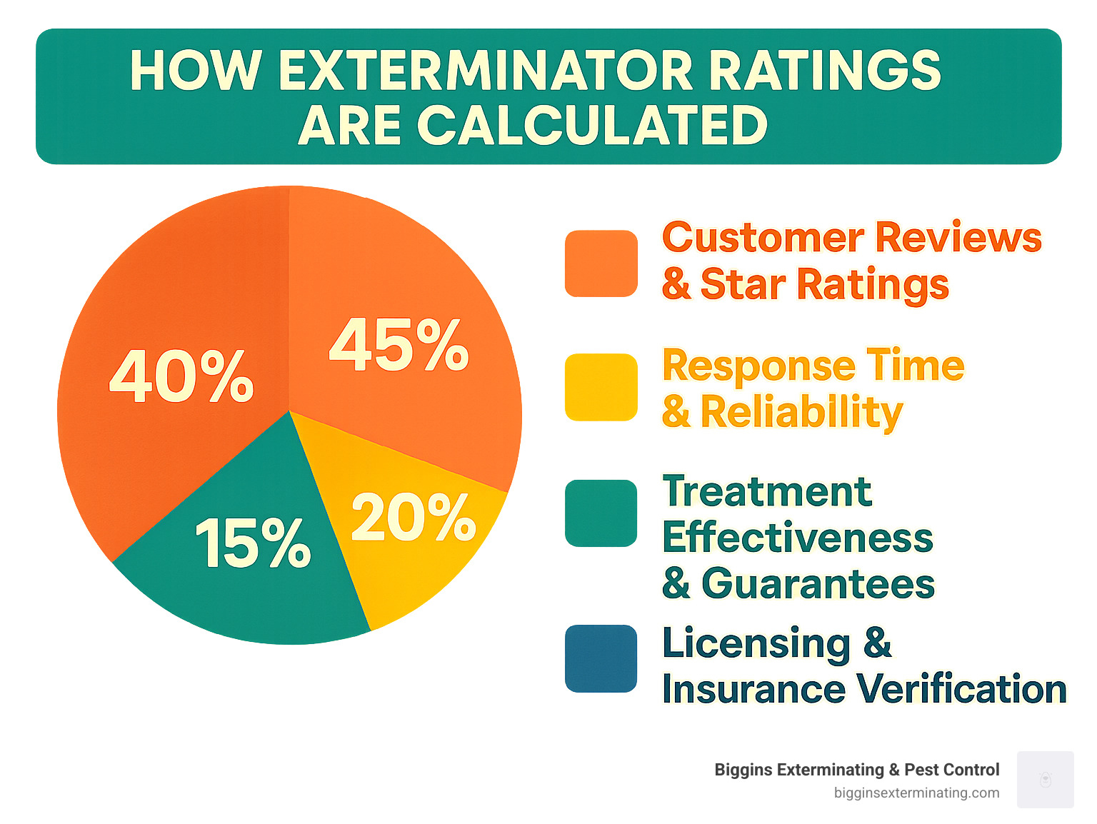 Infographic showing how exterminator ratings are calculated: 40% customer reviews and star ratings, 25% response time and reliability, 20% treatment effectiveness and guarantees, 15% licensing and insurance verification - best rated exterminator near me infographic 