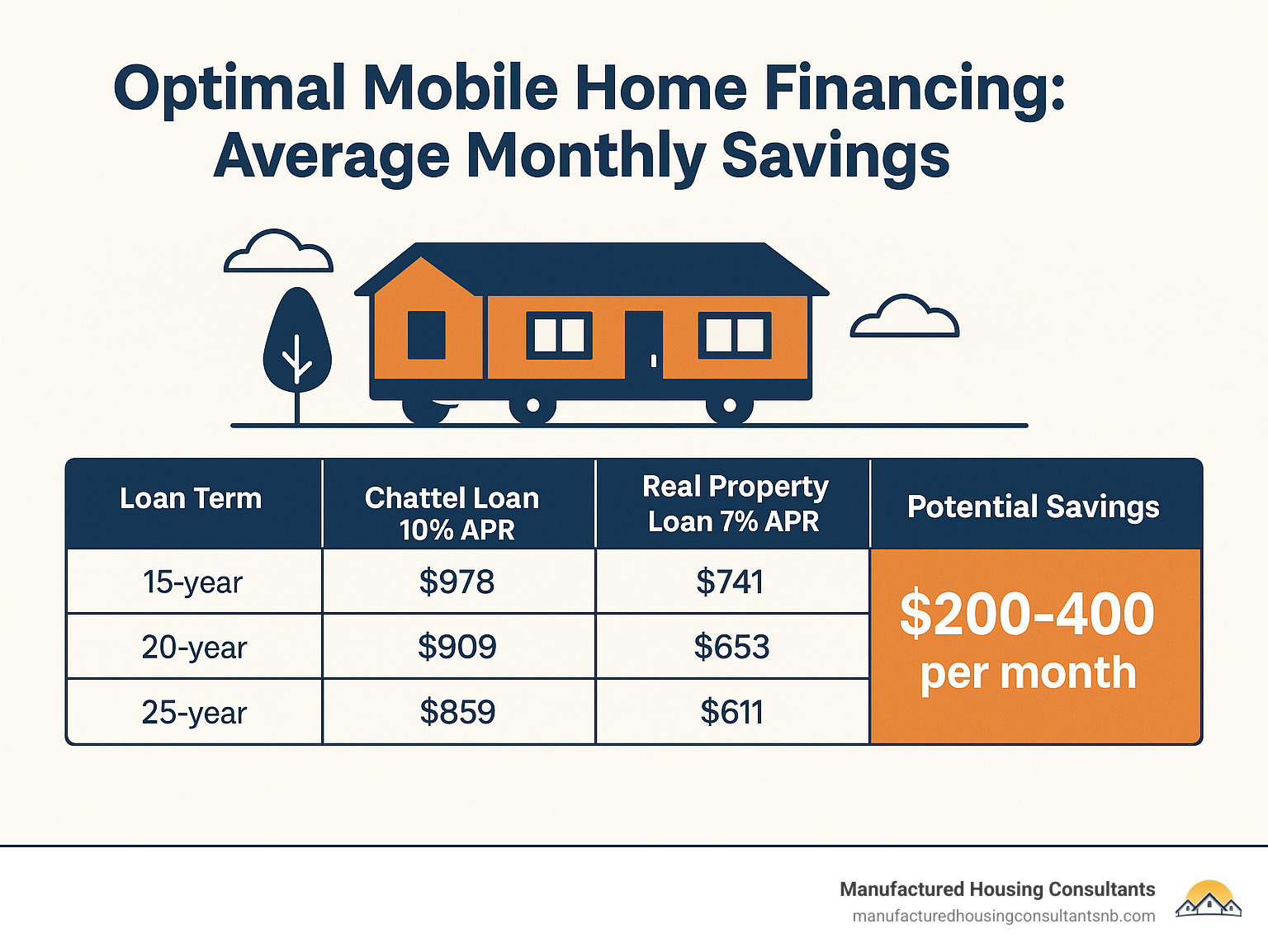 Infographic showing average monthly savings from choosing optimal mobile home financing, comparing chattel loans at 10% APR versus real property loans at 7% APR over different loan terms, with potential savings of $200-400 per month - mobile home interest rates infographic 
