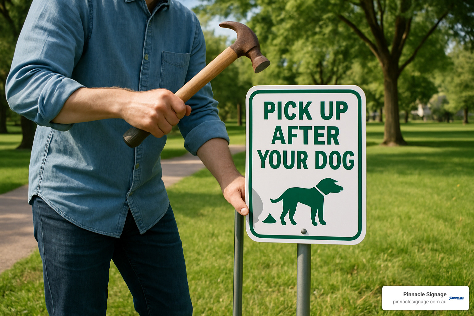 Person installing a pick up after dog sign stake into ground - pick up after dog sign