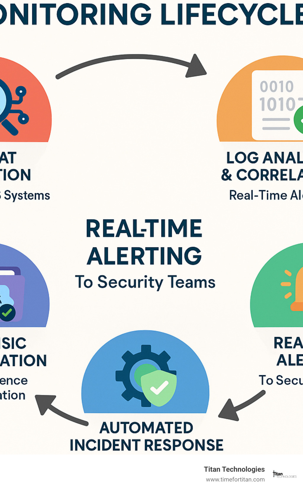 Detailed infographic showing the network security monitoring lifecycle: threat detection through SIEM and IDS systems, log analysis and correlation, real-time alerting to security teams, automated incident response and containment, forensic investigation and evidence preservation, and compliance reporting for regulatory requirements - network security monitoring nj infographic 