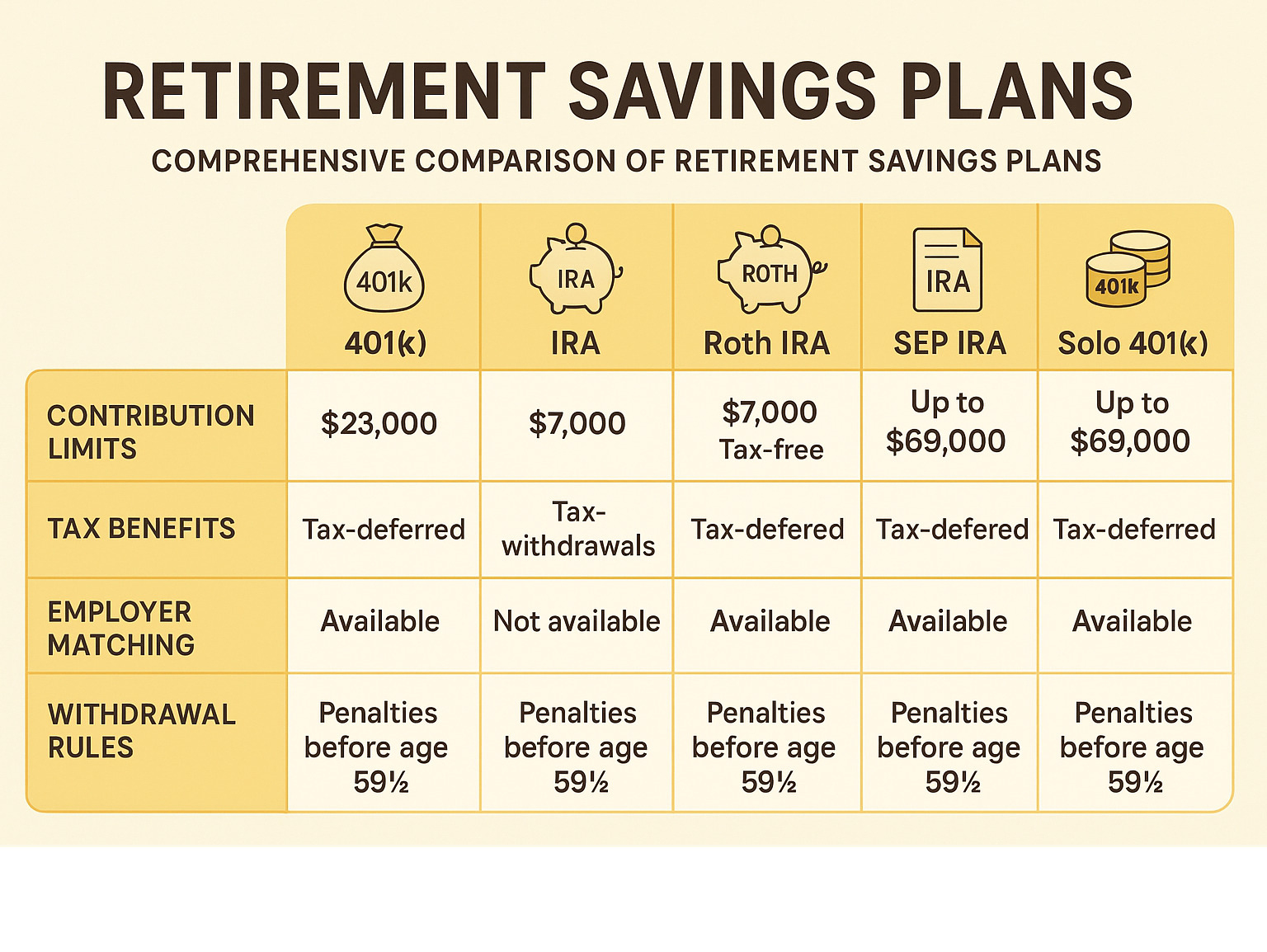Comprehensive comparison of retirement savings plans showing contribution limits, tax benefits, employer matching, and withdrawal rules for 401k, IRA, Roth IRA, SEP IRA, and Solo 401k options - retirement savings plans infographic