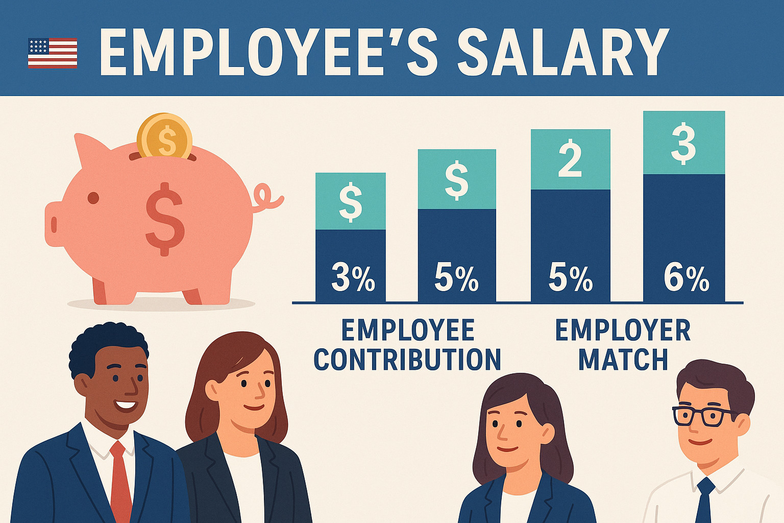 employer matching illustration showing contribution percentages and resulting match amounts - retirement savings plans
