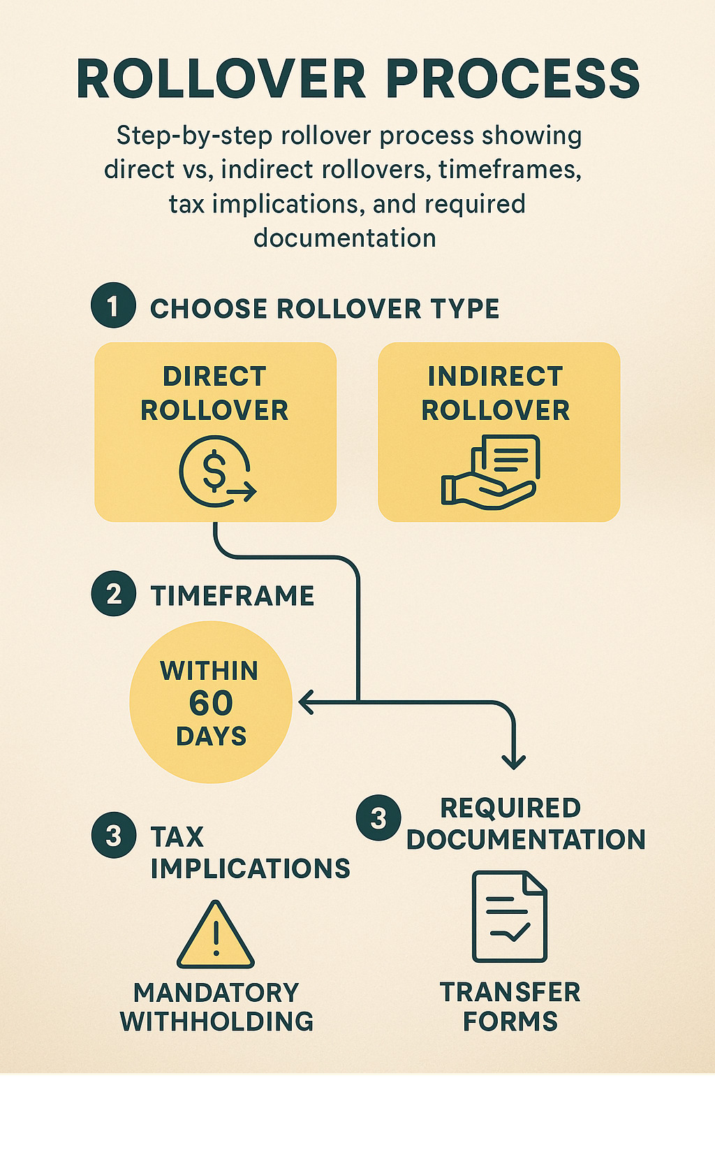 Step-by-step rollover process showing direct vs indirect rollovers, timeframes, tax implications, and required documentation - retirement savings plans infographic
