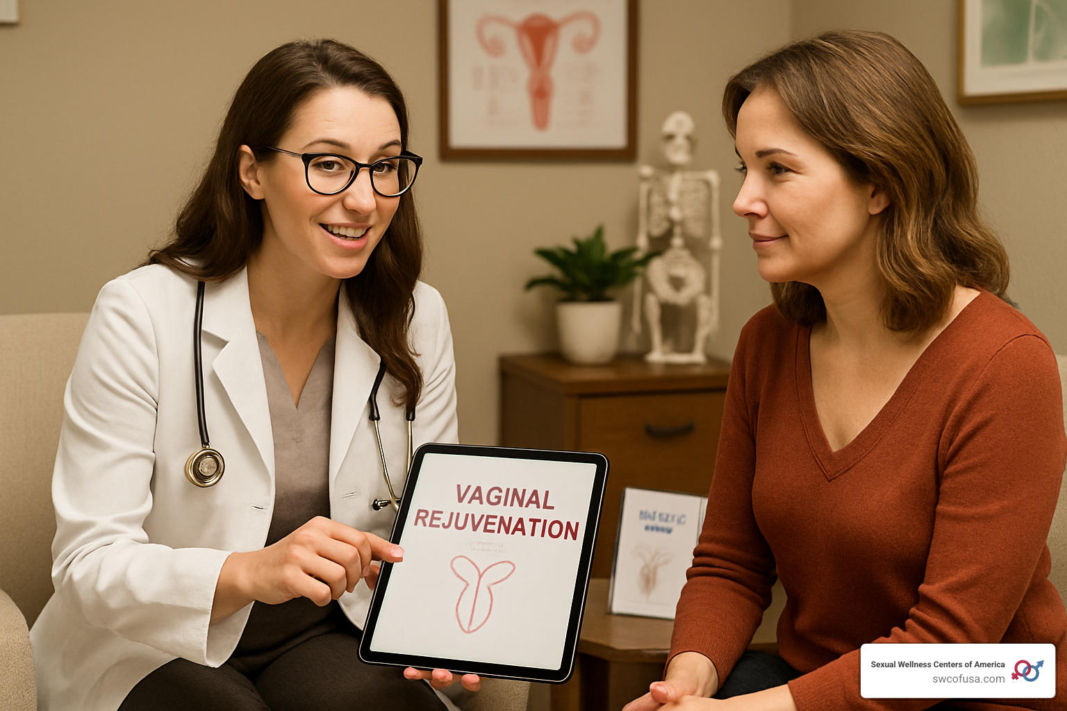 Professional consultation scene showing healthcare provider discussing vaginal rejuvenation options with female patient in comfortable clinical setting - advanced vaginal rejuvenation technology