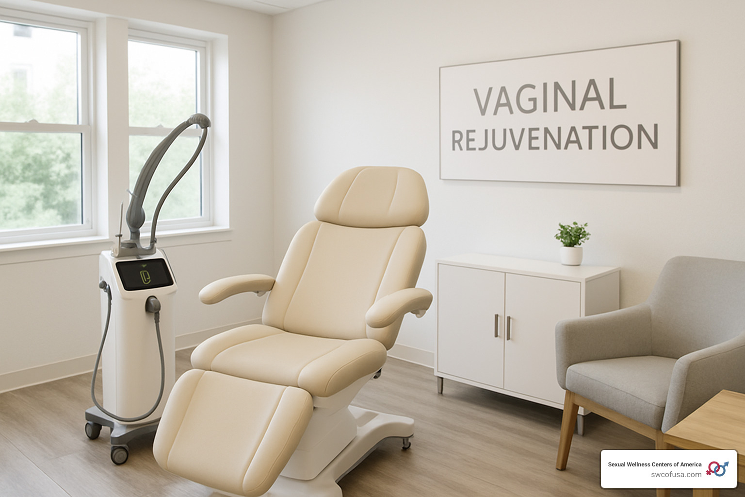 Modern medical clinic interior showing advanced vaginal rejuvenation equipment and comfortable patient consultation area - advanced vaginal rejuvenation technology