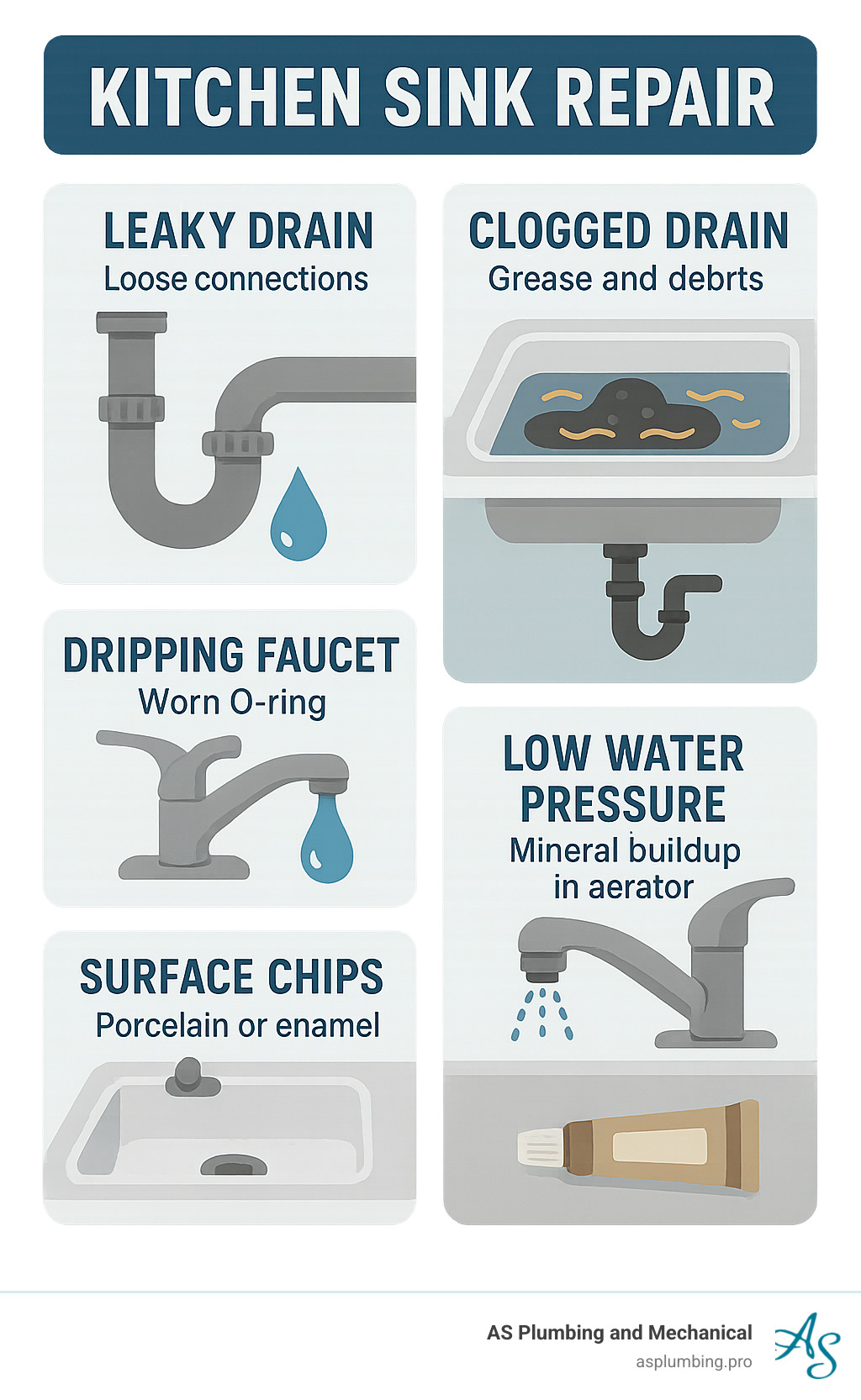 Infographic showing the top 5 kitchen sink problems: leaky drains with loose connections, clogged drains from grease and debris, dripping faucets with worn O-rings, low water pressure from mineral buildup in aerators, and surface chips in porcelain or enamel requiring repair kits - Kitchen sink repair infographic 