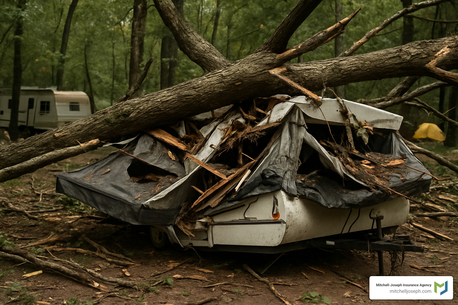 01d77c0fa517d2a7277bf2f4b62a0fd1778d9e96 Everything You Need to Know About Insurance for a Pop Up Camper Discover insurance for a pop up camper: coverage options, costs, legal tips, money-saving advice, and how to protect your RV today! storm damaged pop up camper with fallen tree - insurance for a pop up camper