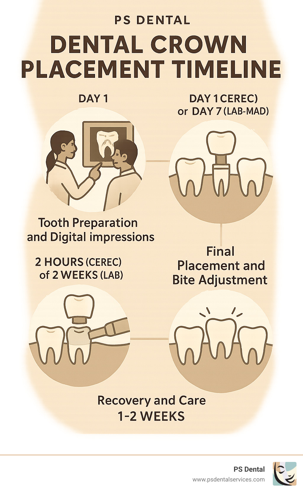 Comprehensive infographic showing dental crown placement timeline: Initial consultation and X-rays (Day 1), tooth preparation and digital impressions (Day 1 for CEREC or Day 7 for lab-made), crown fabrication (2 hours for CEREC or 2 weeks for lab), final placement and bite adjustment (same day for CEREC or Day 21 for lab), with recovery and care instructions spanning 1-2 weeks post-placement - Tigard dental crowns infographic 