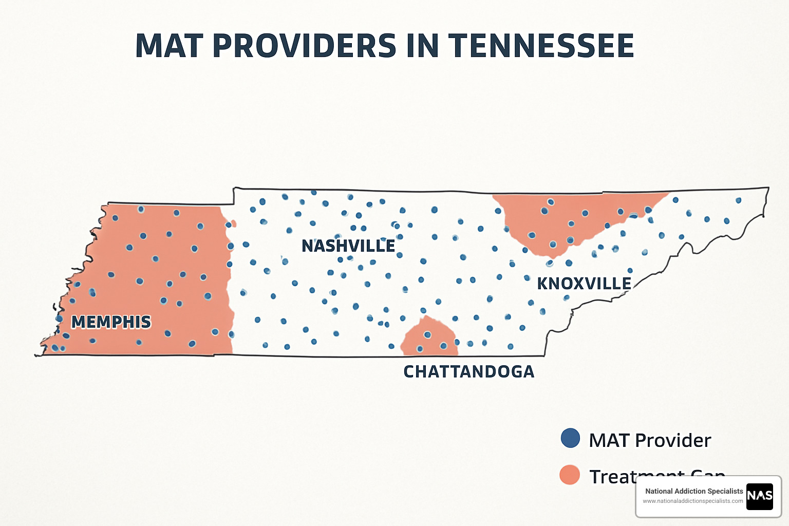 Tennessee map showing distribution of MAT providers and treatment gaps - Medication-assisted treatment Tennessee