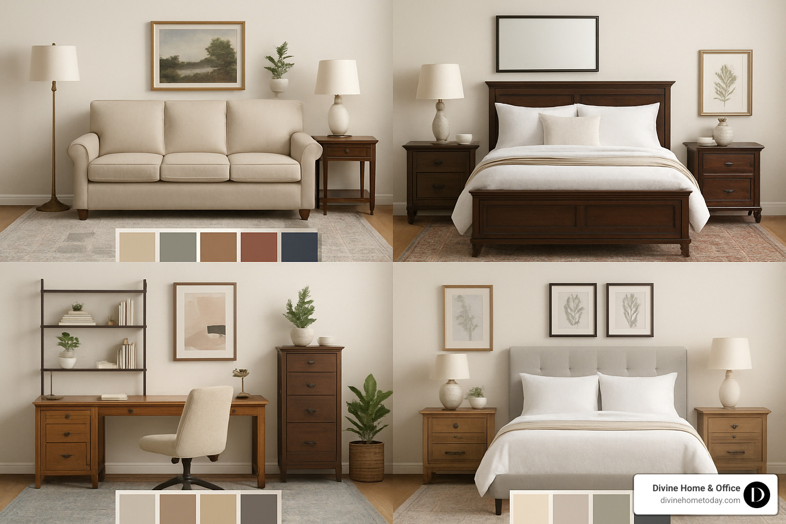 Collage showing various mood board examples with furniture, color palettes, and decor items arranged aesthetically - e design packages