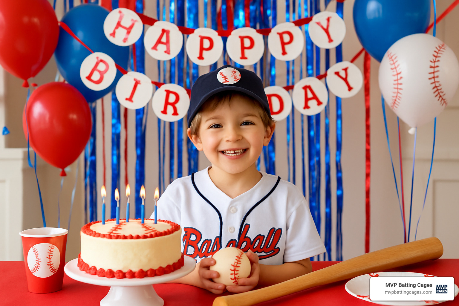 smiling birthday child with baseball themed party - fun kids party places