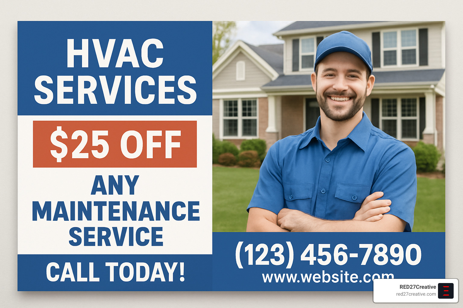 Advertising Your HVAC Business Without Burning Cash • hvac advertisements • RED27Creative Eye-catching HVAC postcard advertisement design featuring clear offer, professional imagery, and prominent contact information - hvac advertisements
