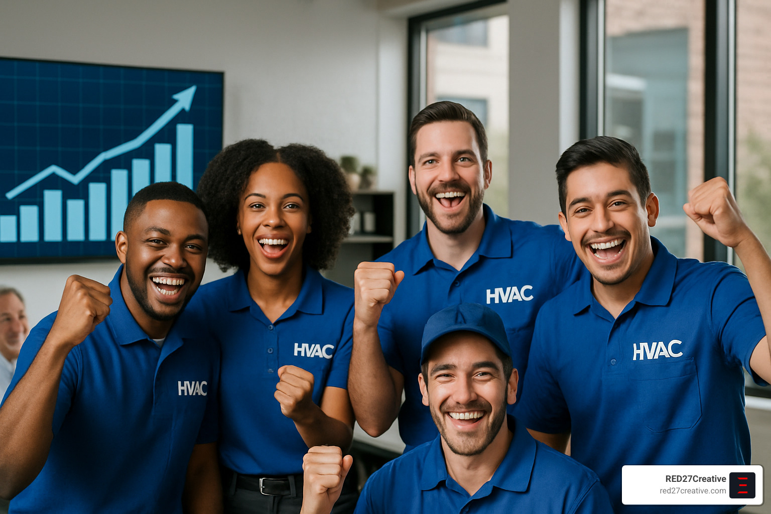 Advertising Your HVAC Business Without Burning Cash • hvac advertisements • RED27Creative Thriving HVAC team celebrating successful advertising results with growth charts and happy customers in background - hvac advertisements