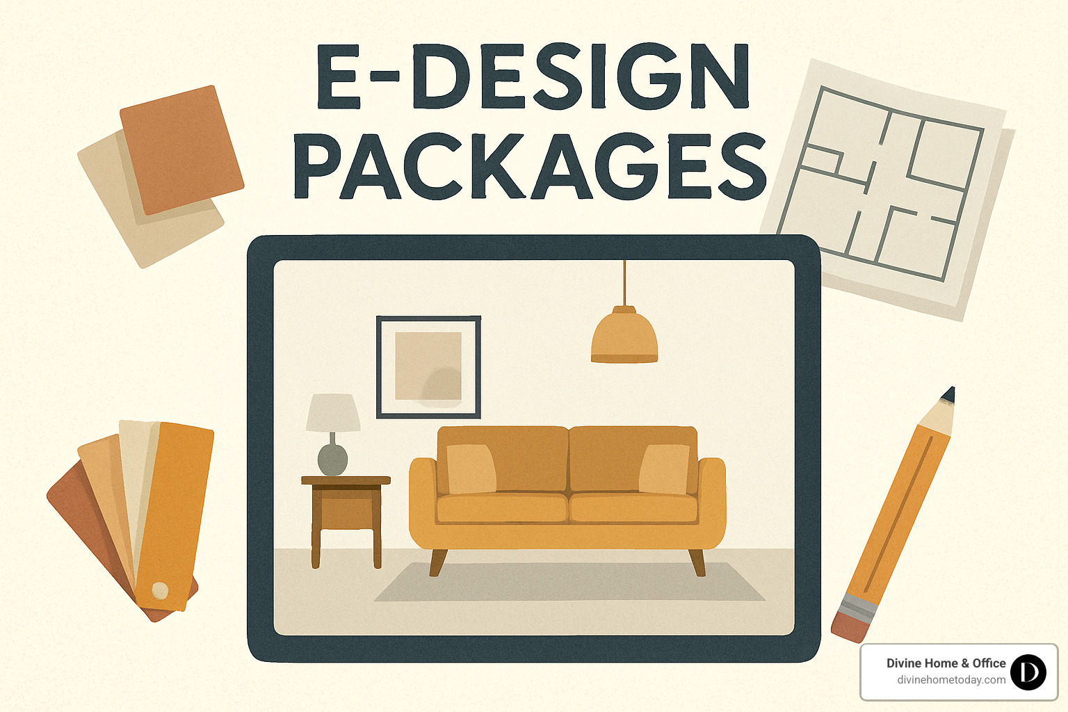 Shopping cart interface on a computer screen filled with home decor items like pillows, lamps, and artwork - e design packages