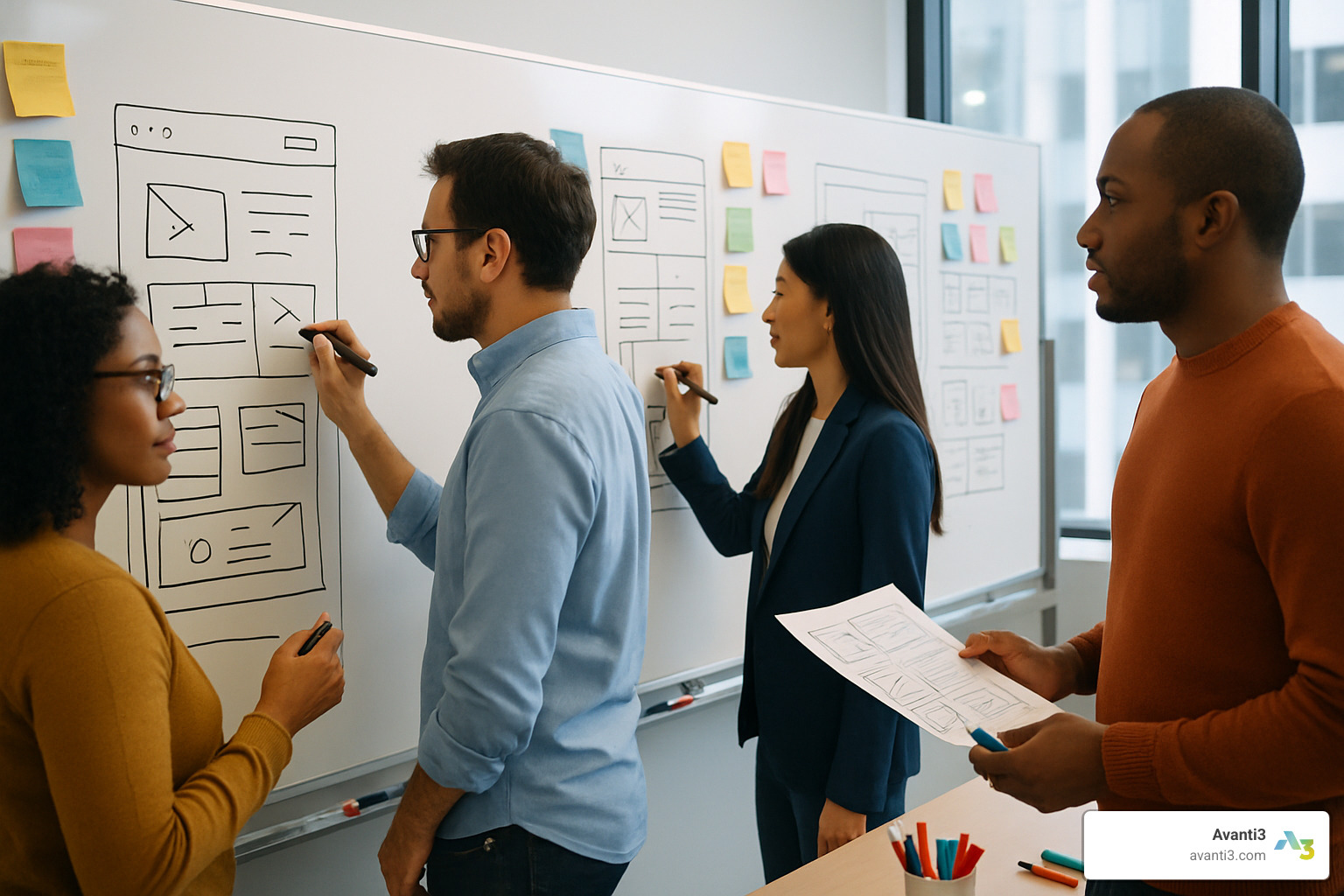 Design sprint workshop with team members sketching interactive experience concepts on whiteboards - Interactive brand experiences