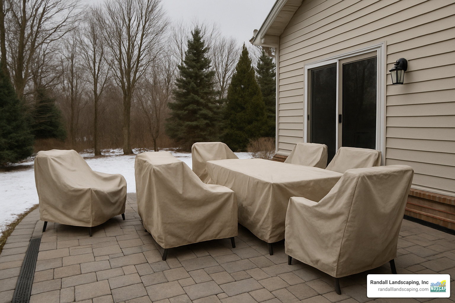 Winterized patio with protective furniture covers and proper drainage - Patio design Georgetown MA