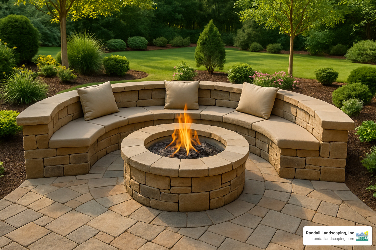 Built-in fire pit with curved seating wall surrounded by natural stone pavers - Patio design Georgetown MA