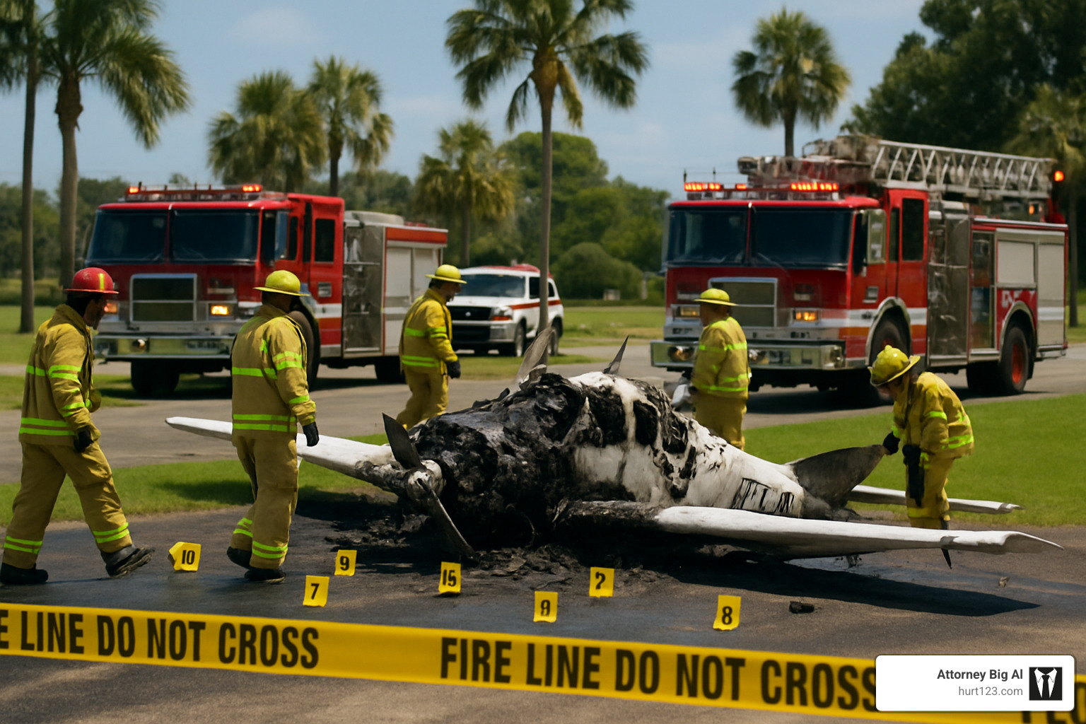 crash site with emergency responders and investigation markers - Florida aviation accident lawyer