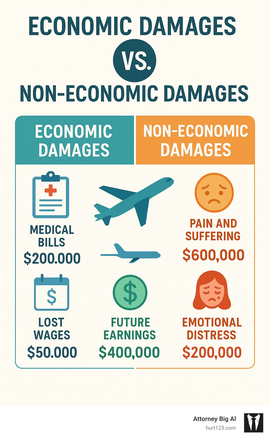 Infographic comparing economic damages (medical bills, lost wages, future earnings) versus non-economic damages (pain and suffering, emotional distress, loss of consortium) with sample dollar amounts - Florida aviation accident lawyer infographic 