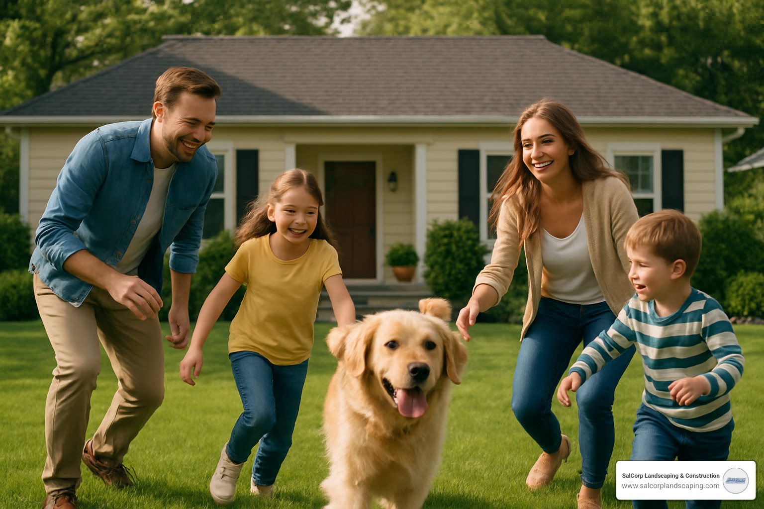 family enjoying chemical-free lawn with children and pets playing safely - eco friendly lawn care near me