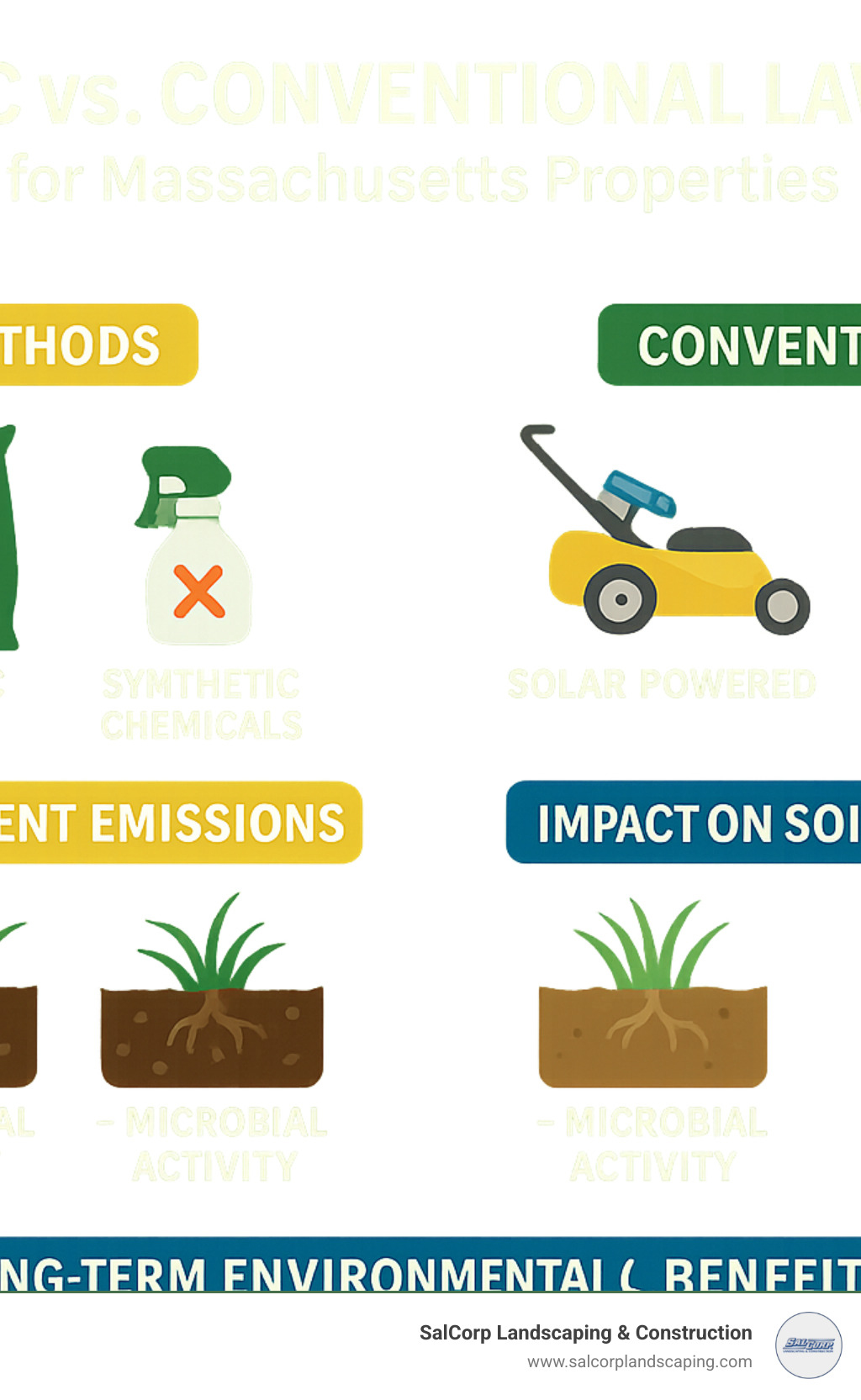 Comprehensive comparison showing organic vs conventional lawn care methods, equipment emissions, soil health impacts, and long-term environmental benefits for Massachusetts properties - eco friendly lawn care near me infographic 