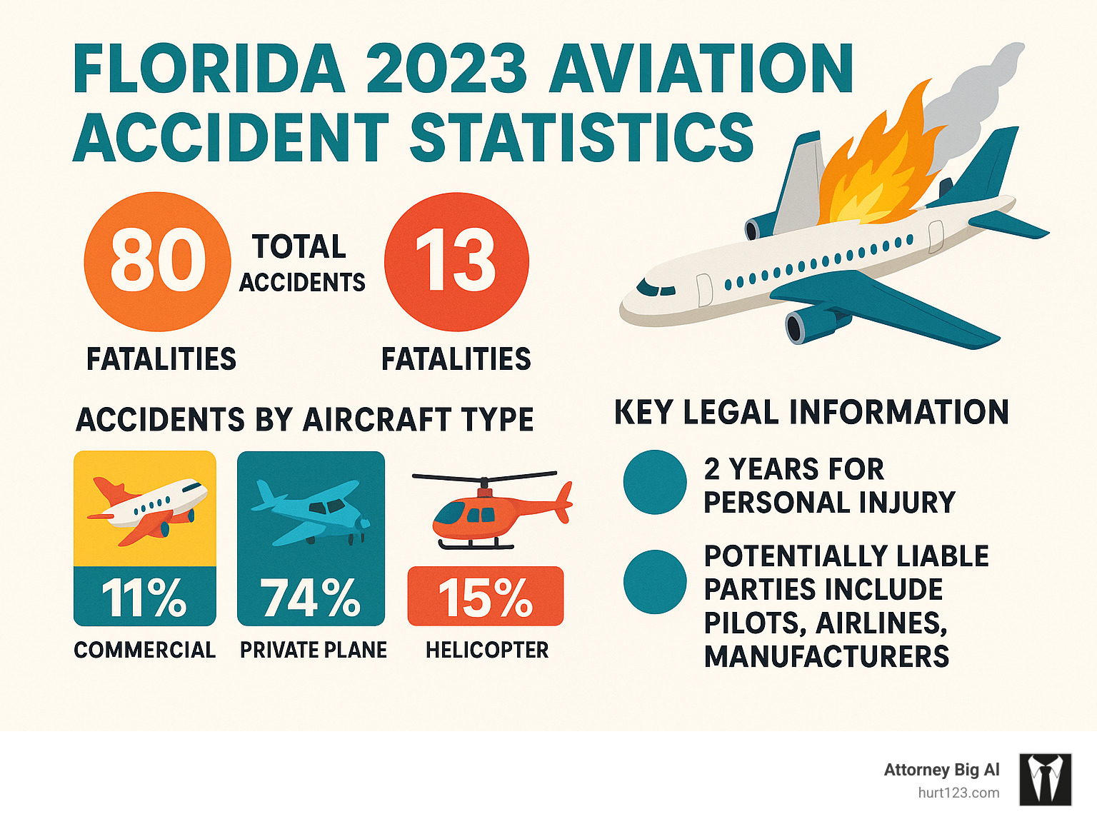 Infographic showing Florida's 2023 aviation accident statistics: 80 total accidents, 13 fatalities, breakdown by aircraft type including commercial, private planes, and helicopters, plus key legal deadlines and liable parties - Florida aviation accident lawyer infographic 